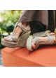 High wedge sandals in taupe raffia and suede