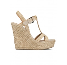 High wedge sandals in taupe raffia and suede Pura López