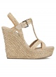 High wedge sandals in taupe raffia and suede