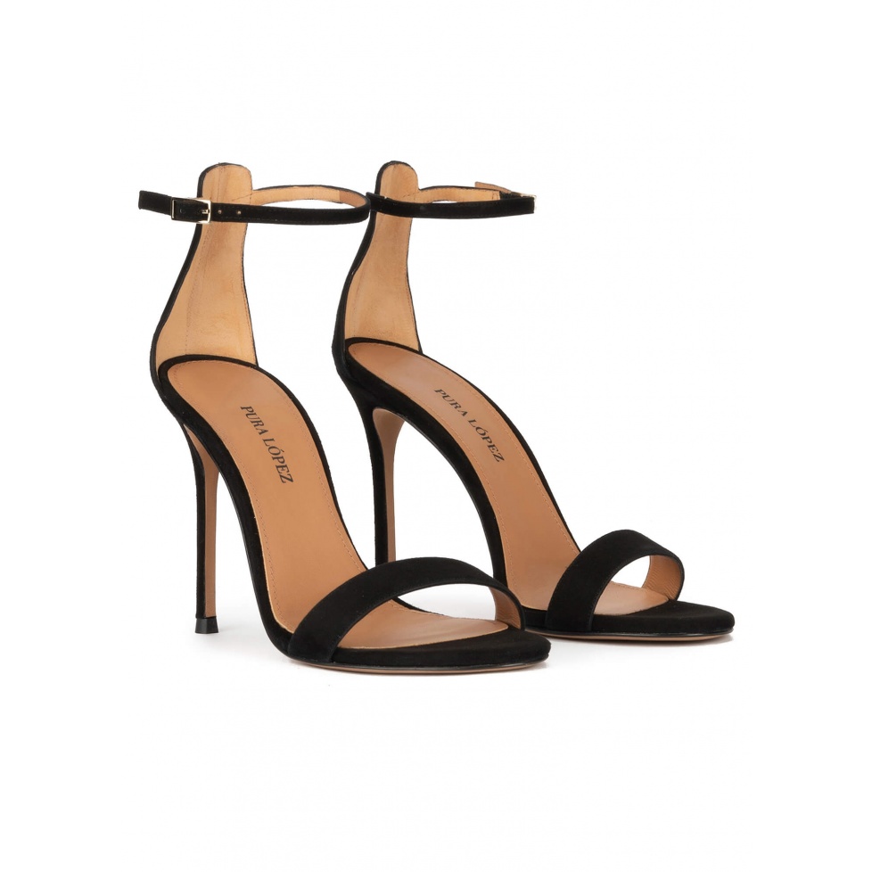 Black suede ankle strap high heel sandals