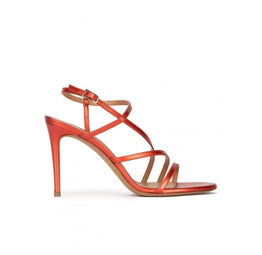 High stiletto heel sandals in coral metallic leather Pura López