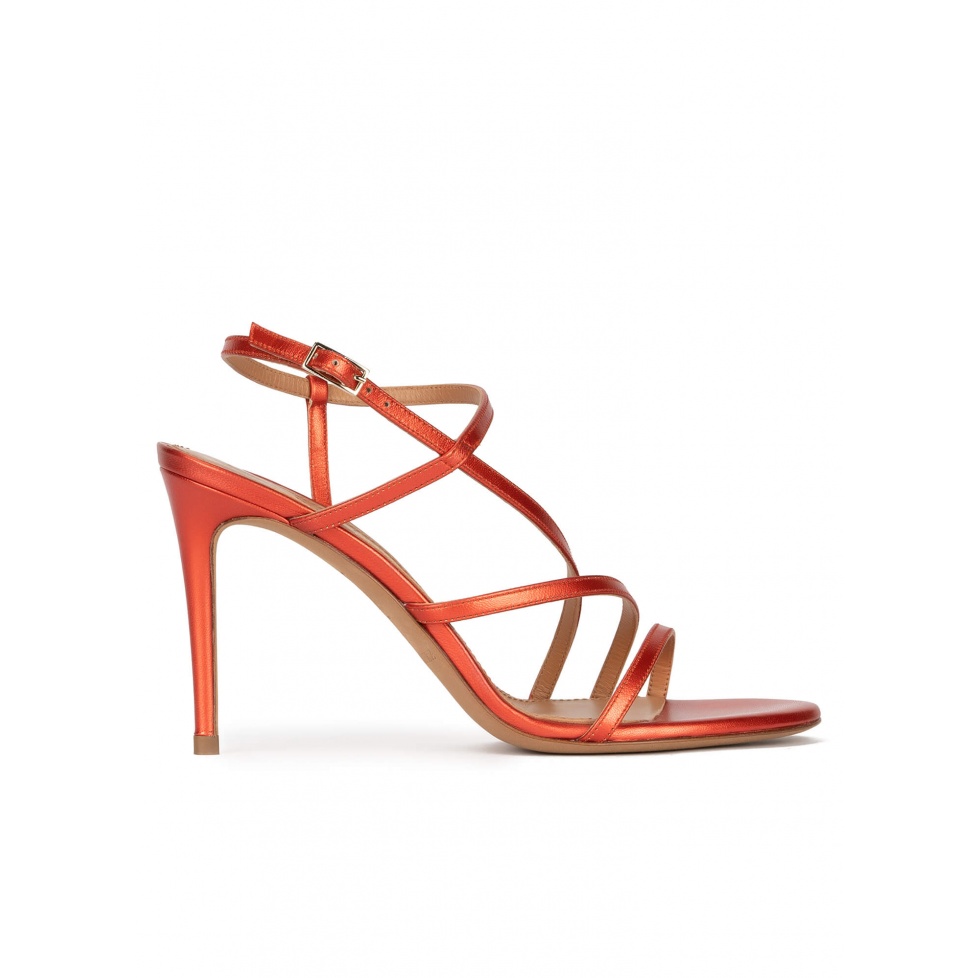 High stiletto heel sandals in coral metallic leather