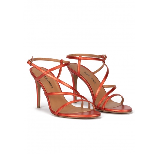 High stiletto heel sandals in coral metallic leather Pura López