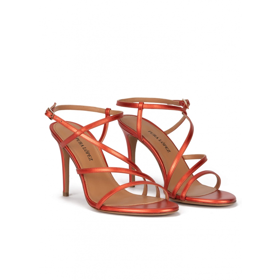 High stiletto heel sandals in coral metallic leather