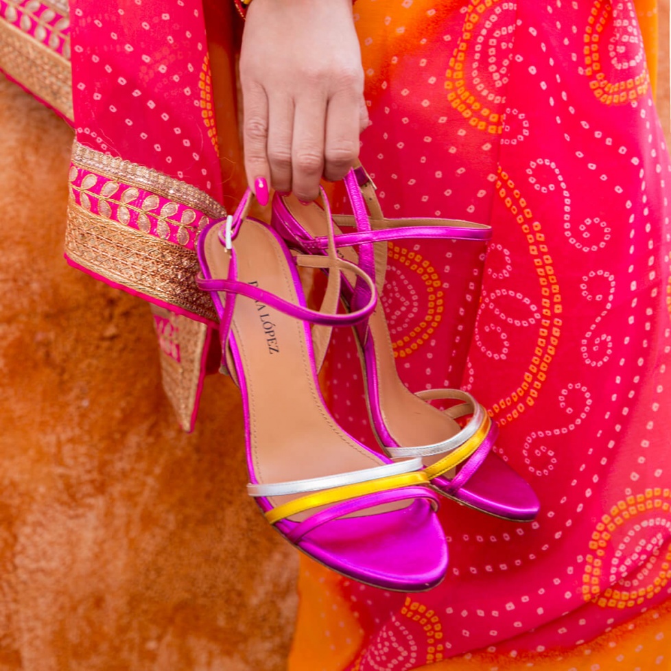 Strappy high-heeled sandals in multicolored leather