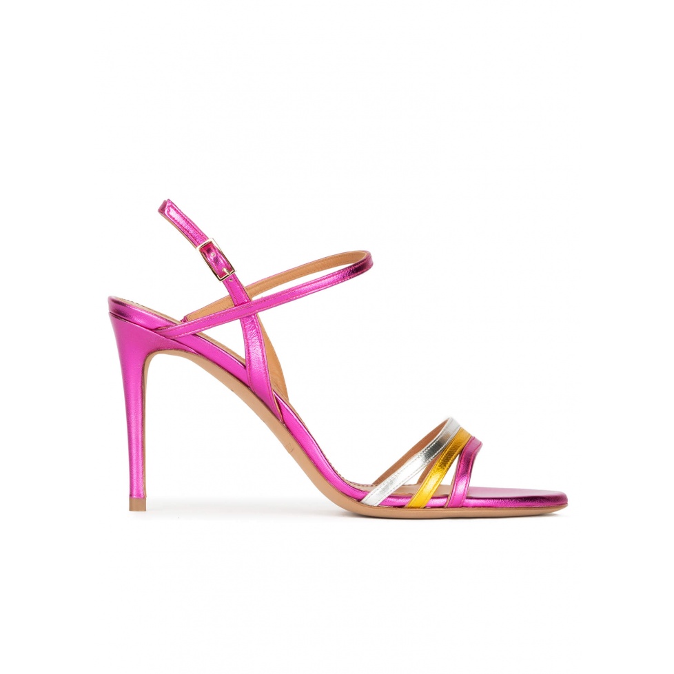 Strappy high-heeled sandals in multicolored metallic leather