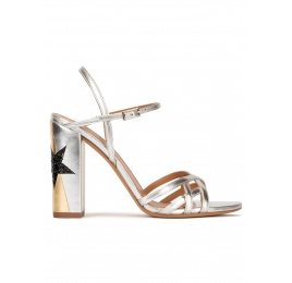 Star detailed high block heel sandals in metallic leather Pura López