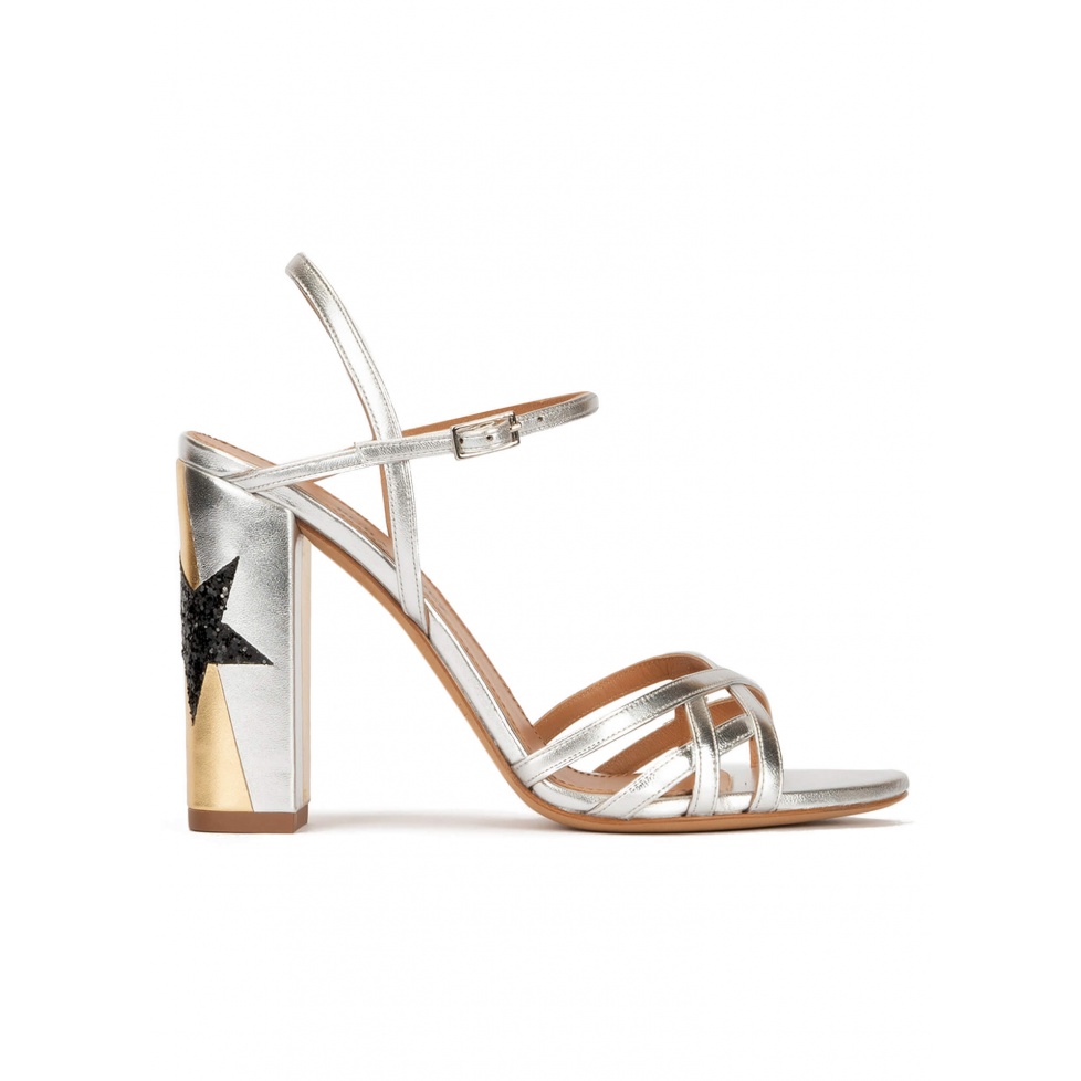 Star detailed high block heel sandals in metallic leather