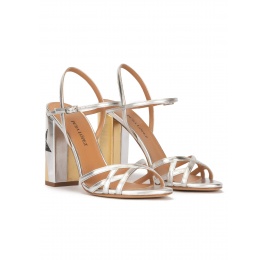 Star detailed high block heel sandals in metallic leather Pura López