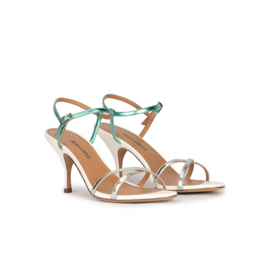 Silver leather strappy mid heel sandals Pura López