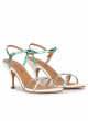 Silver leather strappy mid heel sandals