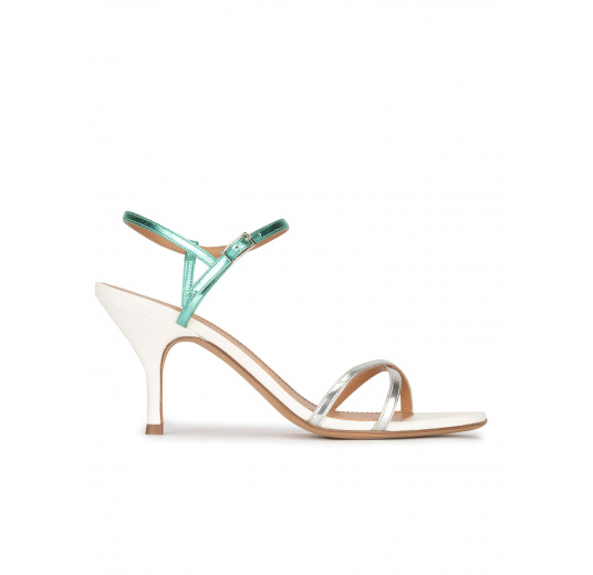 Silver leather strappy mid heel sandals Pura López