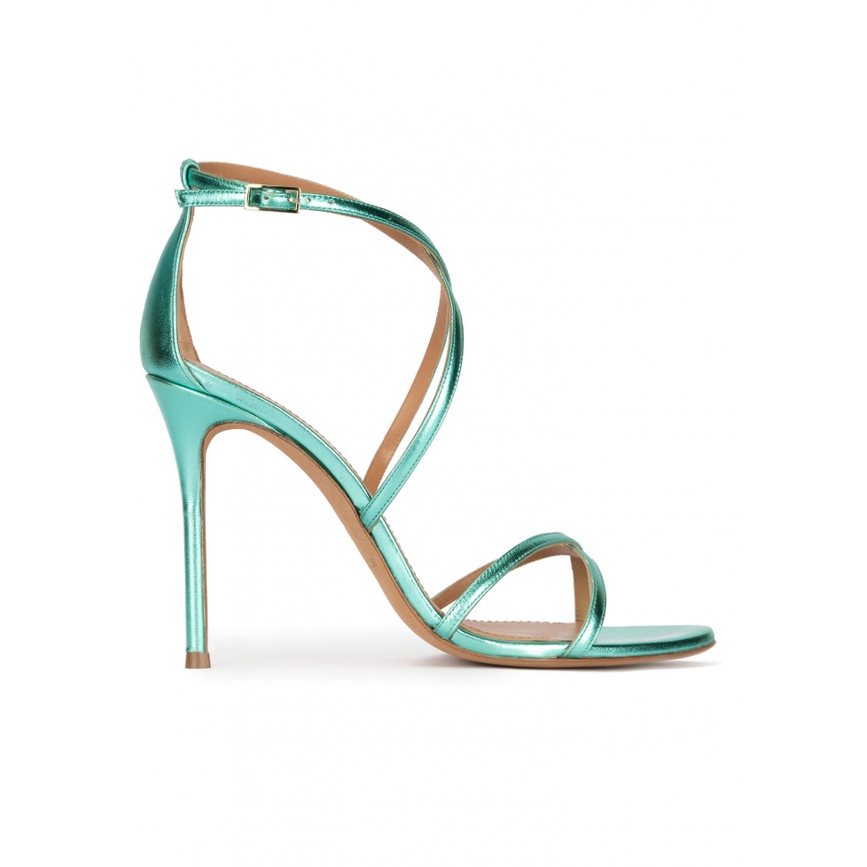 Strappy high-heeled sandals in aquamarine metal leather