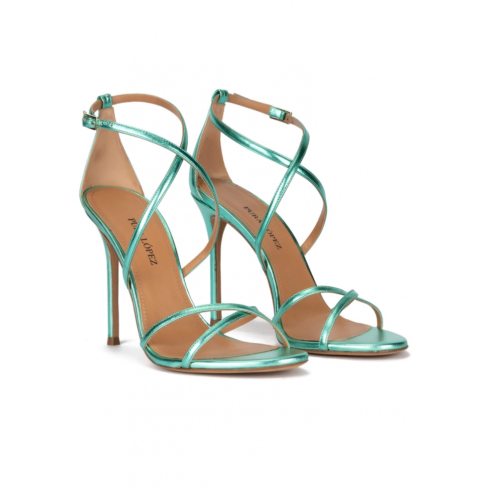 Strappy high-heeled sandals in aquamarine leather