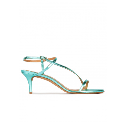 Strappy mid heel sandals in aquamarine metallic leather Pura López