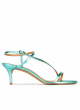 Strappy mid heel sandals in aquamarine metallic leather