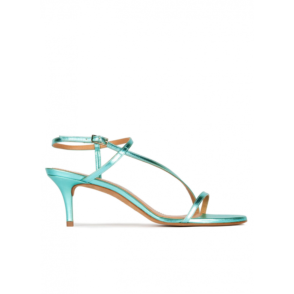 Strappy mid heel sandals in aquamarine metallic leather