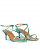 Strappy mid heel sandals in aquamarine metallic leather