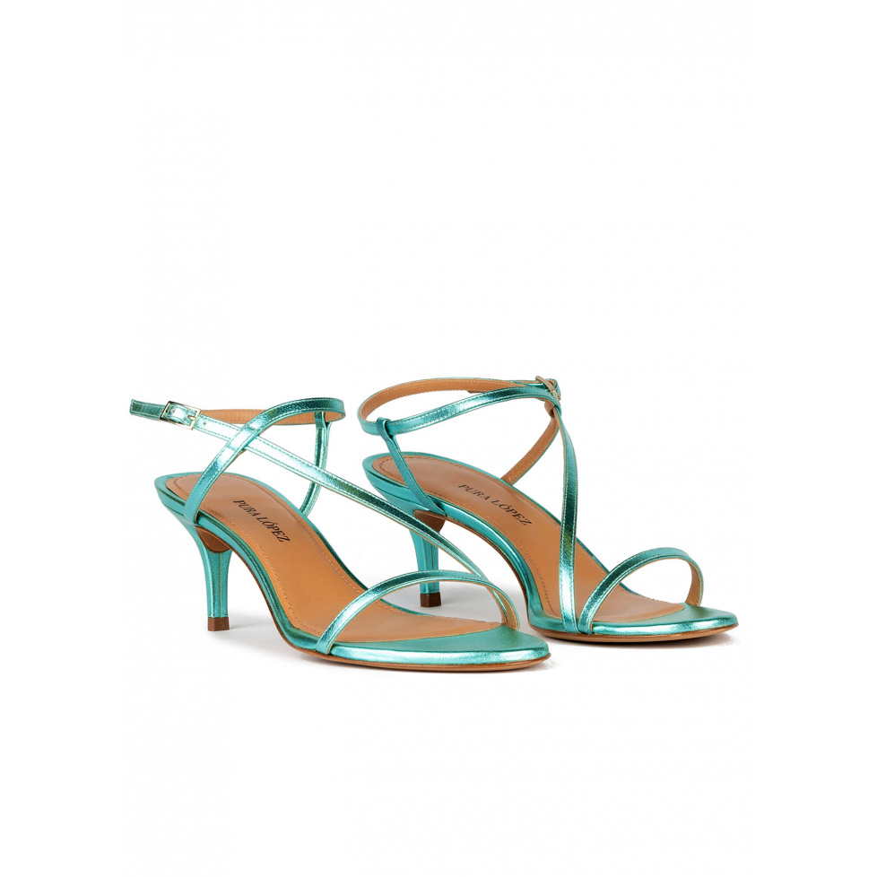 Strappy mid heel sandals in aquamarine metallic leather