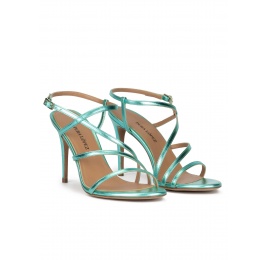 Aquamarine high heel sandals with metallic leather straps Pura López