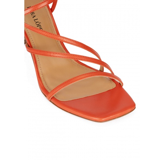 Strappy squared-off toe mid heel sandals in orange leather Pura López