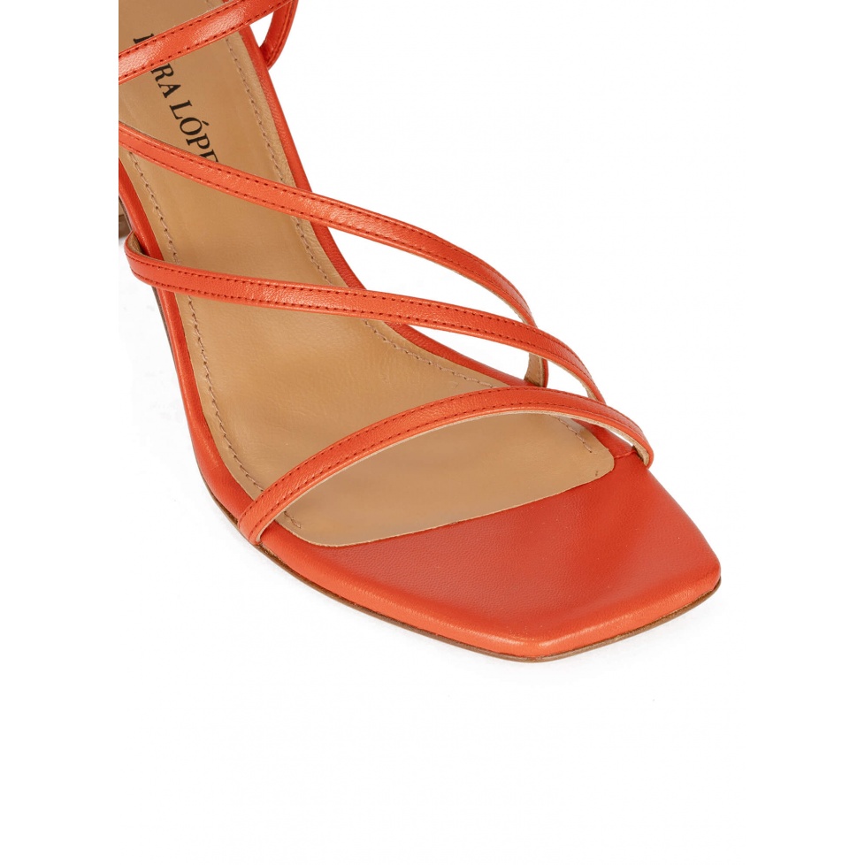 Strappy squared-off toe mid heel sandals in orange leather