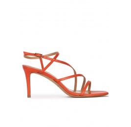 Strappy squared-off toe mid heel sandals in orange leather Pura López