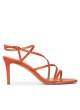 Strappy squared-off toe mid heel sandals in orange leather