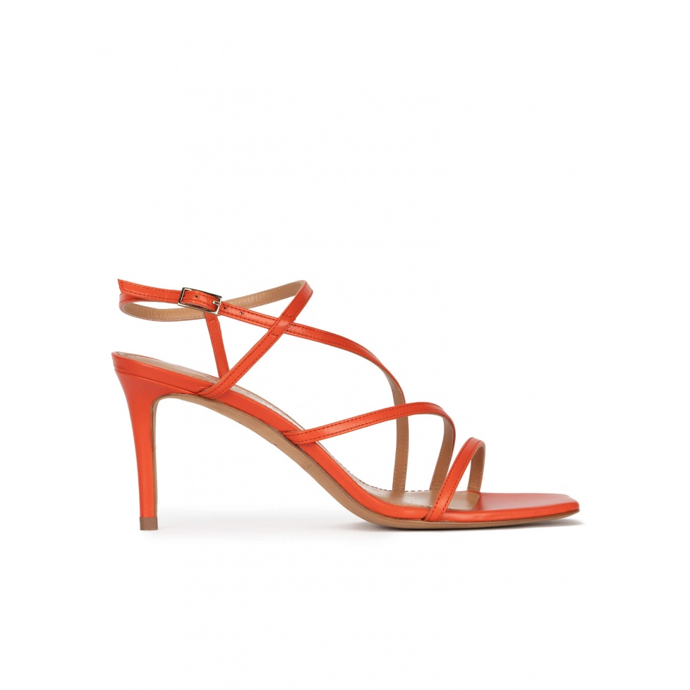 Strappy squared-off toe mid heel sandals in orange leather