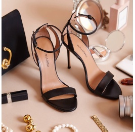 Ankle strap high stiletto heel sandals in black leather Pura López