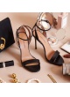 Ankle strap high stiletto heel sandals in black leather