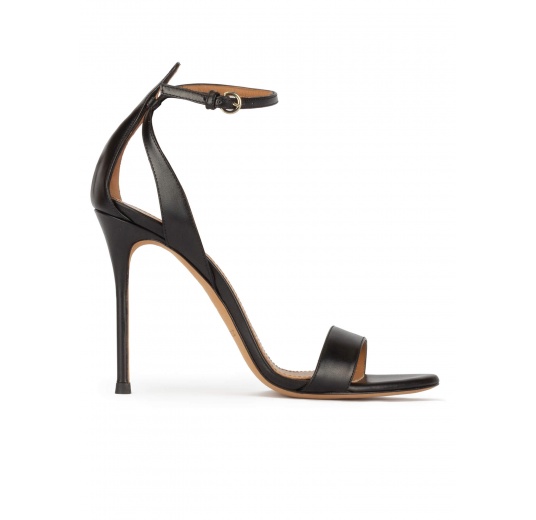 Ankle strap high stiletto heel sandals in black leather Pura López