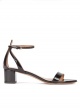 Mid block heel sandals in black patent leather with ankle strap