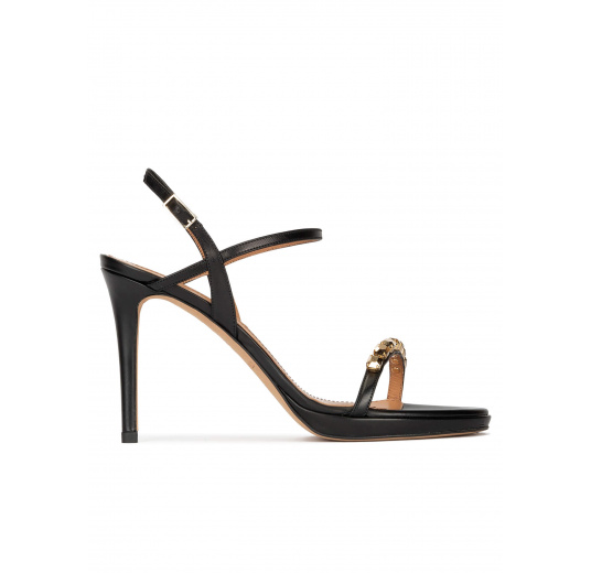 Crystal embellished platform heeled sandals in black calf leather Pura López