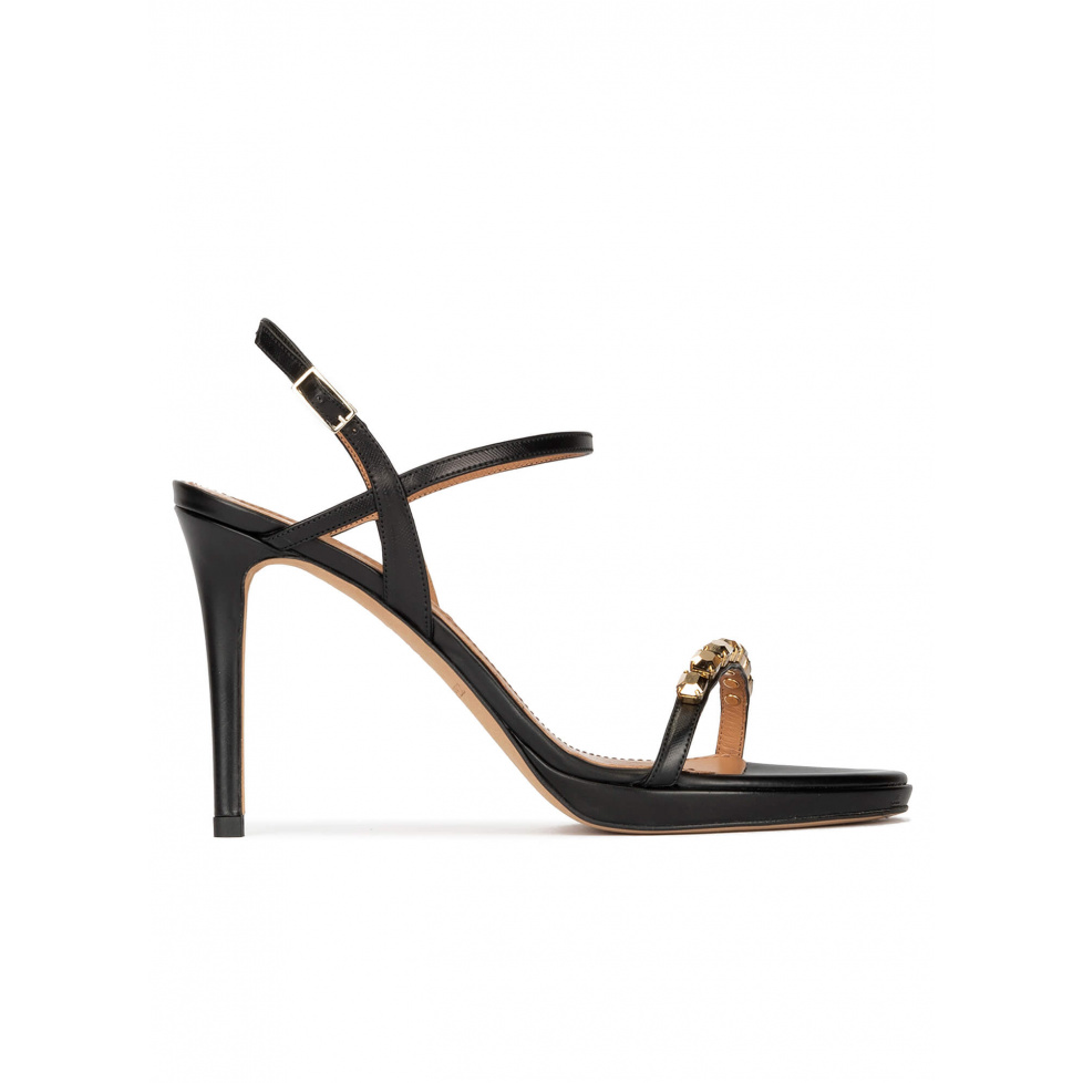 Crystal embellished platform heeled sandals in black calf leather