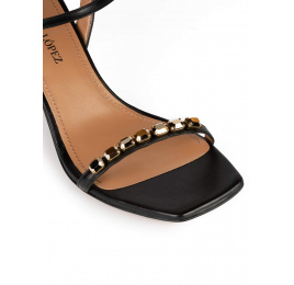 Crystal-embellished mid heel sandals in black leather Pura López