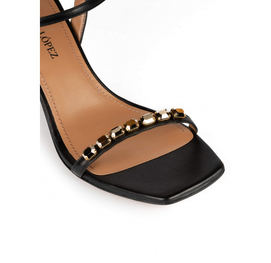 Crystal-embellished mid heel sandals in black leather Pura López