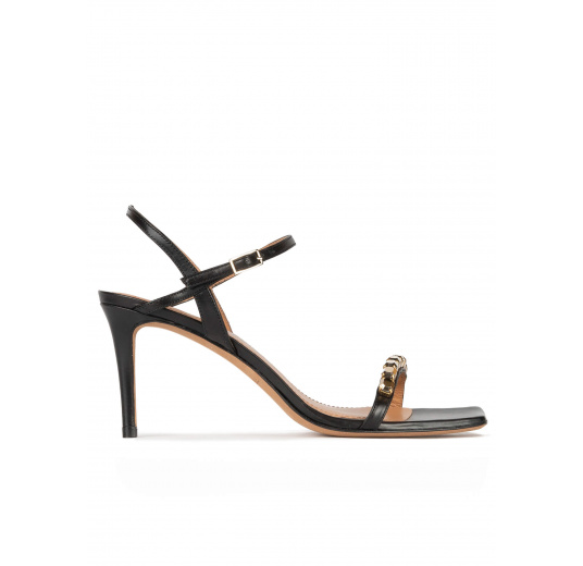 Crystal-embellished mid heel sandals in black leather Pura López