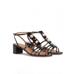 Floral-embellished mid block heel sandals in black patent Pura López