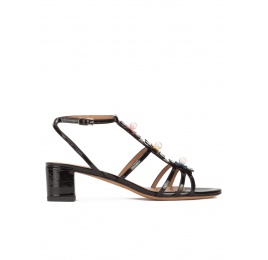 Floral-embellished mid block heel sandals in black patent Pura López
