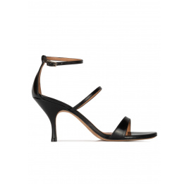 Ankle-strap mid heel sandals in black leather Pura López