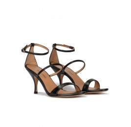 Ankle-strap mid heel sandals in black leather Pura López