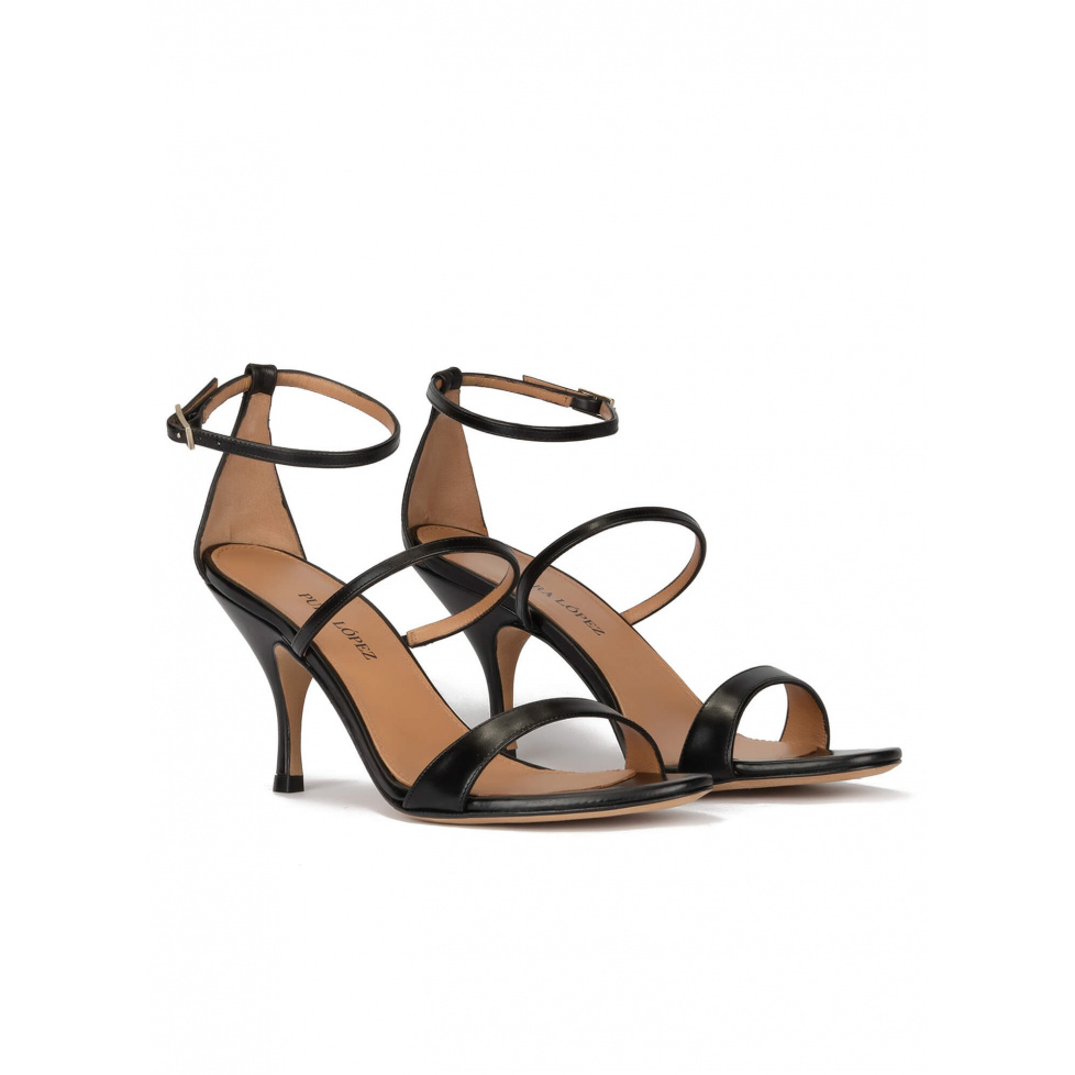 Ankle-strap mid heel sandals in black leather