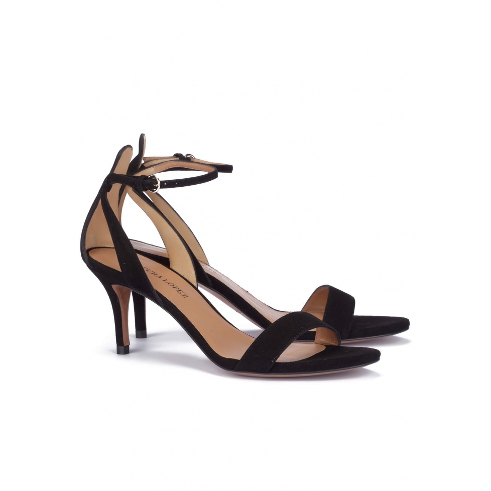 Mid heel sandals in black suede - online shoe store Pura Lopez