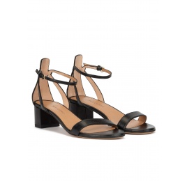 Ankle strap mid block heel sandals in black leather Pura López