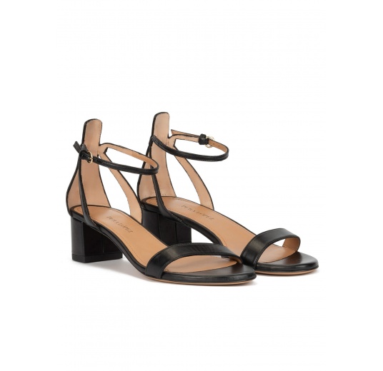 Ankle strap mid block heel sandals in black leather Pura López