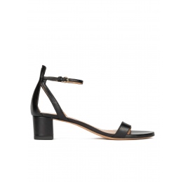 Ankle strap mid block heel sandals in black leather Pura López