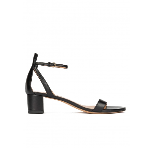 Ankle strap mid block heel sandals in black leather Pura López