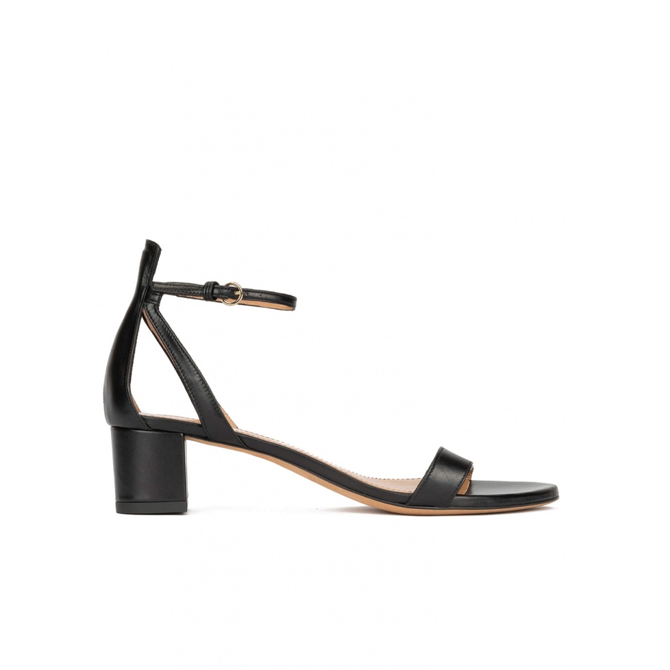 Ankle strap mid block heel sandals in black leather