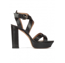 Black platform high block heel sandals in textured leather Pura López